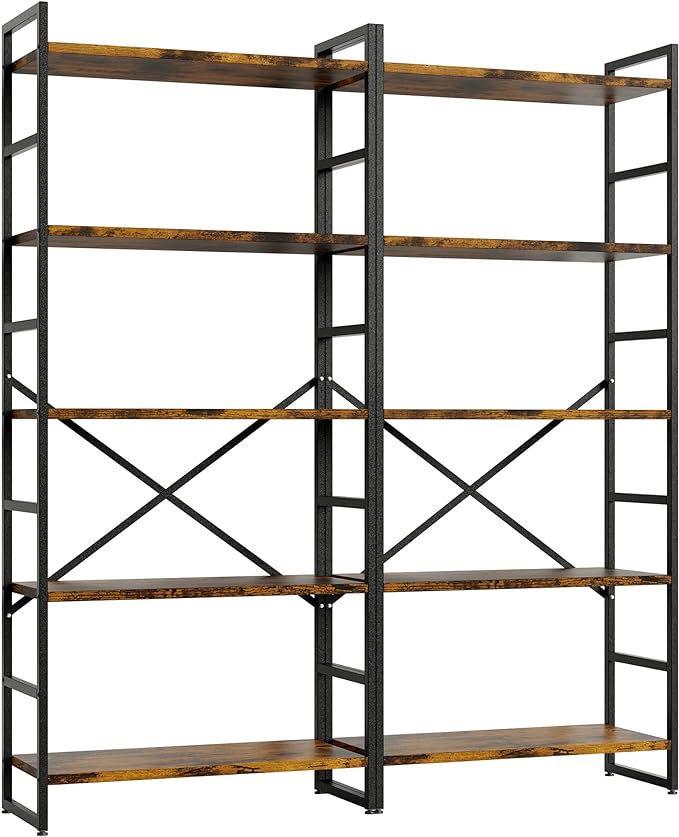 Shintenchi 2 Pieces 5 Tiers Bookshelf, Classically Tall Bookcase Shelf, Industrial Book Rack, Modern Book Holder in Bedroom/Living Room/Home/Office, Storage Rack Shelves for Books/Movies Brown