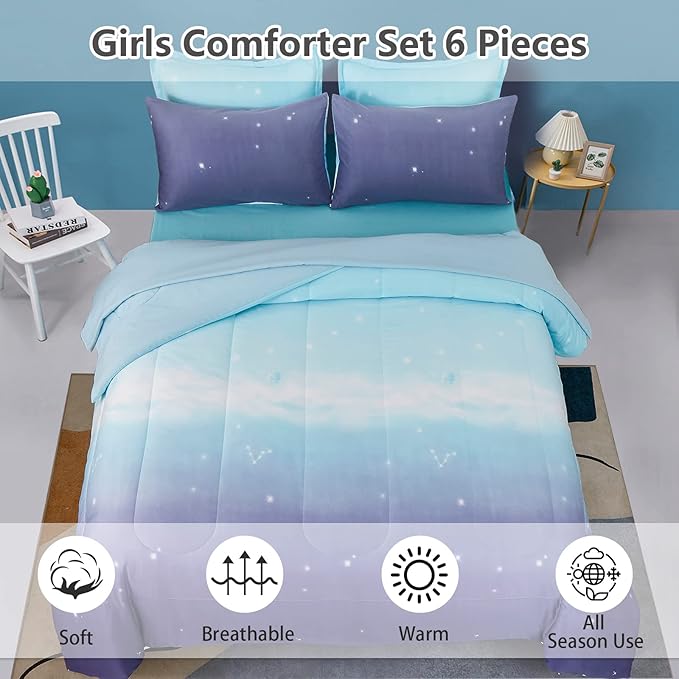 Girls Comforter Set Twin XL Size 6 Pieces Colorful Ombre Blue Purple Rainbow Bedding Set Bed in A Bag for Kids Teen Girls (1 Comforter, 1 Flat Sheet, 1 Fitted Sheet, 1 Pillow sham, 2 Pillowcases)