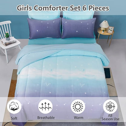 Girls Comforter Set Twin XL Size 6 Pieces Colorful Ombre Blue Purple Rainbow Bedding Set Bed in A Bag for Kids Teen Girls (1 Comforter, 1 Flat Sheet, 1 Fitted Sheet, 1 Pillow sham, 2 Pillowcases)
