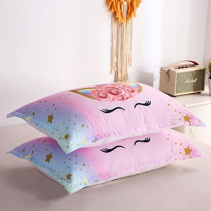 Unicorn Comforter Set Rainbow Soft Girls Unicorn Bedding with 1 Comforter 2 Pillowcases Pink Flower Unicorn Bedding Sets for Teens Girls Queen Size