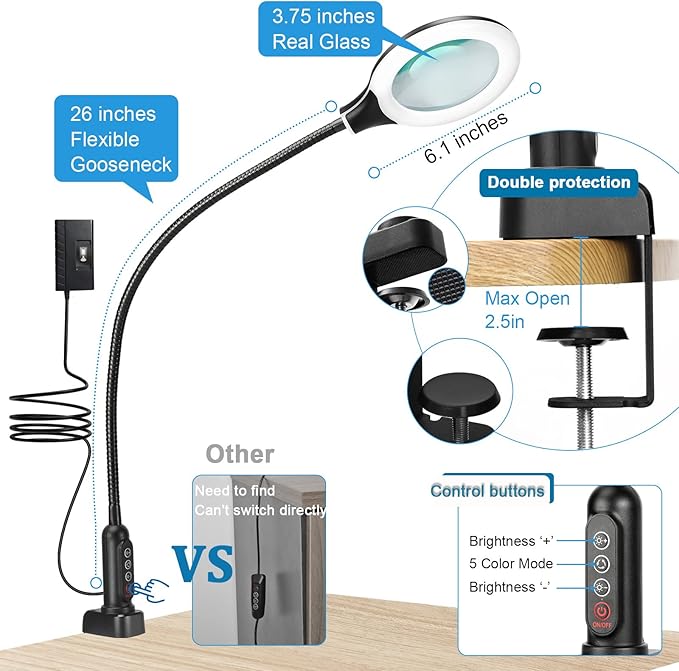 26" Gooseneck Magnifying Lamp with Clamp, 5 Color Modes Stepless Dimmable LED Desk Light with Magnifying Glass, 10X Real Glass Lighted Magnifier Hands Free for Painting Close Work Craft Hobby