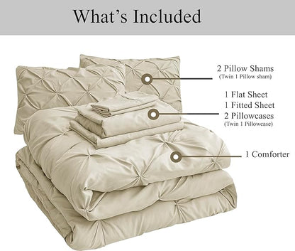 LANE LINEN Twin XL Comforter Set, 5 Piece Twin XL Bedding Set, Pintuck Twin XL Bed in a Bag, Twin XL Bed Set, Twin XL Bed Comforter Set with Sheets, Pillowcase & Sham, Bedding Comforter Sets - Linen