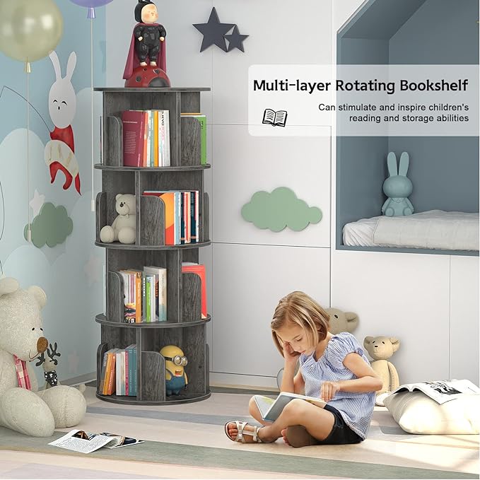 Aheaplus Rotating Bookshelf, 360 Display Corner Bookshelf for Small Space, 4 Tier Floor Standing Bookcase Storage Rack, Wood Narrow Book Shelf Organizer for Bedroom, Living Room, Study Room, Grey Oak