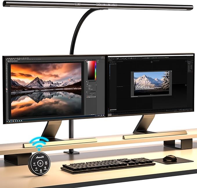 Desk Lamp 31.5" W, Desk Lamp for Home Office, Gesture Sensing Desk Light, Monitor Light, Adjustable Color Temperature & Brightness, Table Lamp 24W Brightest, Black