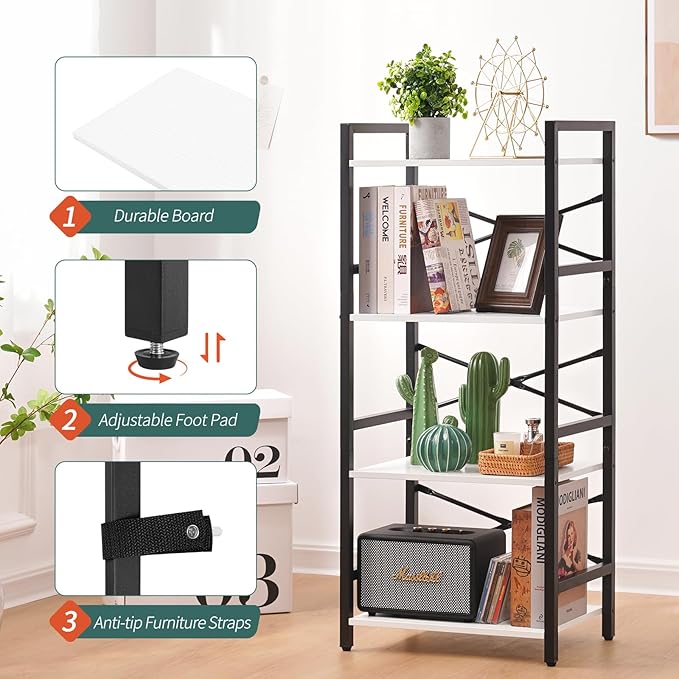 Yoobure 4 Tier Bookshelf - Small Book Shelf Industrial Bookcase, Narrow Book Case Book Storage Organizer for CD/Movie/Book, Bookshelves for Bedroom Office Living Room White