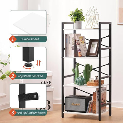 Yoobure 4 Tier Bookshelf - Small Book Shelf Industrial Bookcase, Narrow Book Case Book Storage Organizer for CD/Movie/Book, Bookshelves for Bedroom Office Living Room White