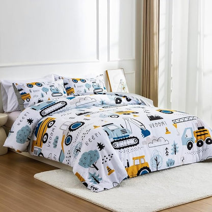 NTBED Construction Truck Twin Comforter Set for Boys Kids Forest Vehicles Excavator Tractor Lightweight Microfiber Cars Bedding Sets