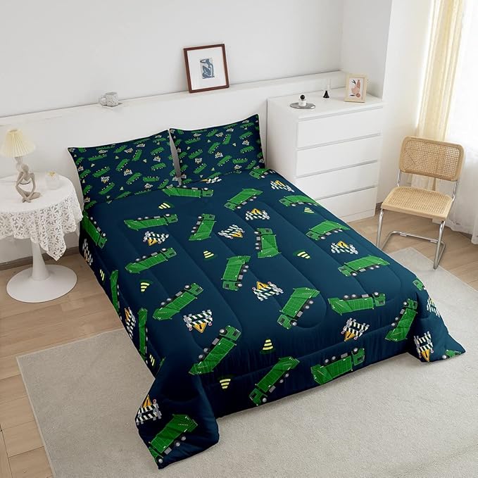 Garbage Truck Toy Print Warm Comforter Setfor Kids Boys, Green Garbage Truck Bedding Set Cartoon Equipment Comforter Navy Blue Decor All Season Quilt Set Room 3Pcs Full Size