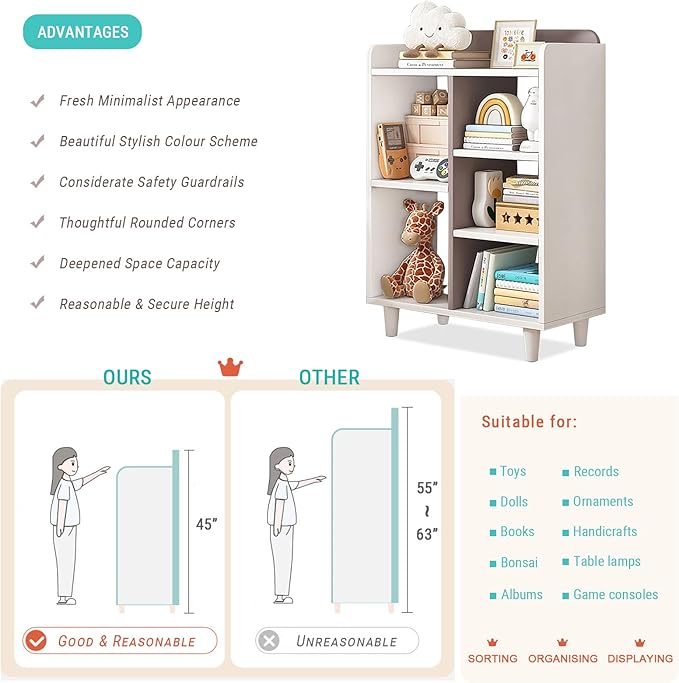 Wooden Cube Bookcase with Legs - 3-Tier Open Shelf Kidsroom Sorted Storage Cabinet Organizer for Books and Toys, 5-Cube Lattice Cute Cubby Bookshelf in White Mixed Mocha Brown, 24" W