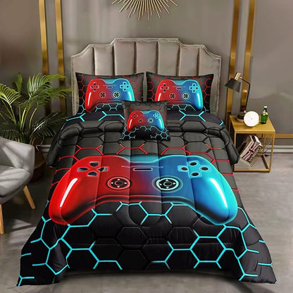 6 Pieces Bed in A Bag Gamer Bedding Set for Boys Kids Adult Gaming Comforters Set,Boys Bed in A Bag Set Full Size Comforter with Fitted Sheet Flat Sheet Pillowcase pillowsham,DJTH5028Full
