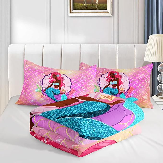 Datura home Bedding Comforter Set Black Girl Magic Mermaid Printed Pattern Quilt with 1 and 2 Pillowcases for Girls Bedroom All Season(Black Pink Twin) Twin 68x86inches