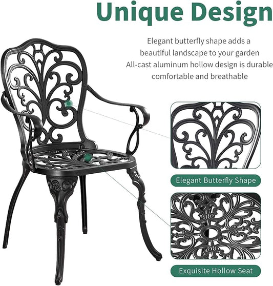 Bistro Table and Chairs Set of 2 with Umbrella Hole,Cast Aluminum Patio Bistro Sets 3 Piece,Outdoor Bistro Table Set,Patio Furniture Set for Front Porch Set,Garden(Butterfly Black)