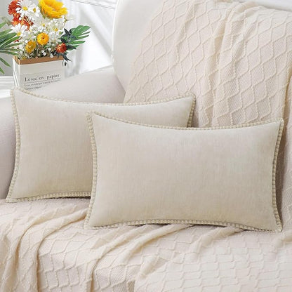 decorUhome Chenille Soft Throw Pillow Covers 12x20 Set of 2, Lumbar Velvet Farmhouse Neutral Decorative Euro Pillow Covers with Stitched Edge for Couch Sofa Bed Home Decor, Beige