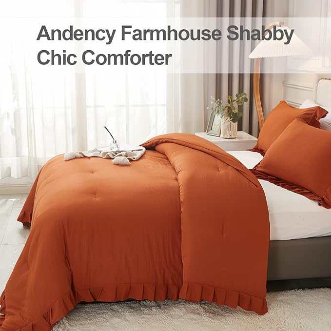 Andency Terracotta Ruffle Comforter King(104x90Inch), 3 Pieces(1 Ruffled Comforter and 2 Pillowcases) Solid Farmhouse Shabby Chic Comforter, Vintage Rustic Soft Microfiber Bedding Set