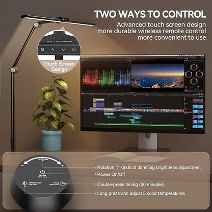 LED Desk Lamp with Clamp for Home Office, 24W Ultra Bright 7 Stepless Dimming/5 Color Modes/Timer, Architect Modern Table Lamp with Touch and Remote Control USB Charging Port for Study Reading