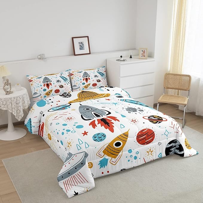 Erosebridal Outer Space Bedding Set King Size Kids Boys Space Ship Rocket Comforter Set Cartoon Universe Stars Planet Down Comforter Cosmos Meteorite Quilt Duvet Set with 2 Pillow Cases