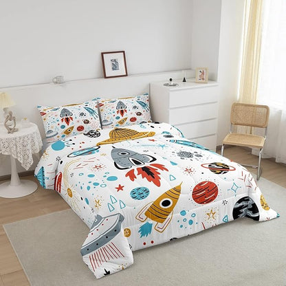 Erosebridal Outer Space Bedding Set Queen Size Kids Boys Space Ship Rocket Comforter Set Cartoon Universe Stars Planet Down Comforter Cosmos Meteorite Quilt Duvet Set with 2 Pillow Cases
