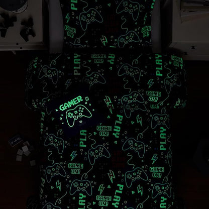 Kids Comforter Set Twin Size for Boys, Glow in The Dark Black Gamer Bedding Set Twin-1 Twin Comforter, 1 Decor Pillow, 1 Pillow Sham