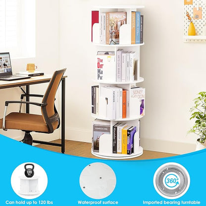2024 New 4 Tier Rotating Bookshelf kids, Small Corner Bookshelf for Small Space, 360 Display Floor Standing Bookcase Storage Rack, Wood Narrow Book Shelf Organizer for Home Office,Bedroom, Living Room
