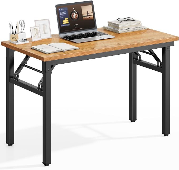 DlandHome 35.8 Inch Small Folding Computer Desk for Home Office, Teak Black | Foldable Writing Table for Small Spaces Bedroom, No Assembly Required, Wood Top Metal Frame, Collapsible Compact Easy Storage