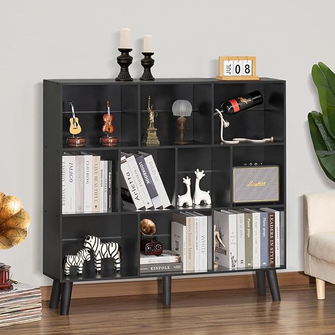 YAHARBO 10 Cube Bookshelf,3 Tier Bookcase with Legs,Black Mid-Century Modern Bookshelves,Large Free Standing Open Storage Organizer Shelf,Tall Wooden Book Case Furniture for Bedroom,Living Room,Office