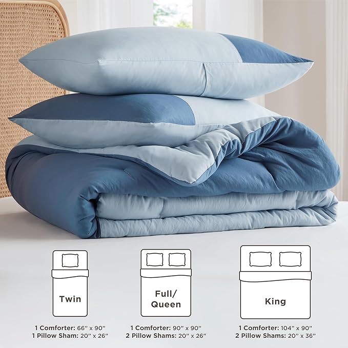 Blue Comforter King Size - Modern Farmhouse Soft Comforter Sets for Men, Masculine Colorblock Pattern Bed Sets for All Season, 3 Pieces includes 1 Comforter, 2 Shams (104"x 90")