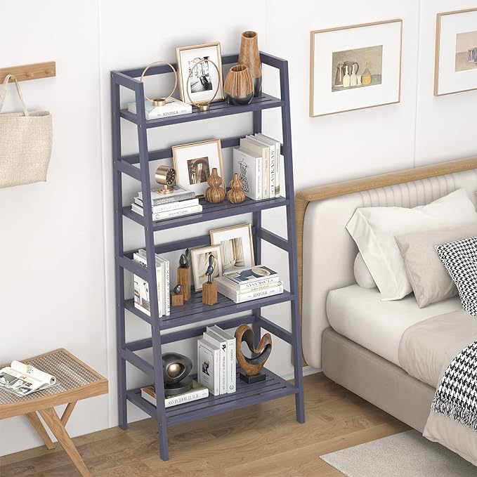 Homykic Bamboo Ladder Shelf 4-Tier Bookshelf, 49.2” Freestanding Open Bookcase Book Shelf Bathroom Storage Shelf Unit Plant Stand for Living Room, Bedroom, Small Space, Home Office, Blue Grey