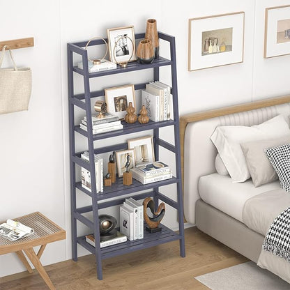 Homykic Bamboo Ladder Shelf 4-Tier Bookshelf, 49.2” Freestanding Open Bookcase Book Shelf Bathroom Storage Shelf Unit Plant Stand for Living Room, Bedroom, Small Space, Home Office, Blue Grey