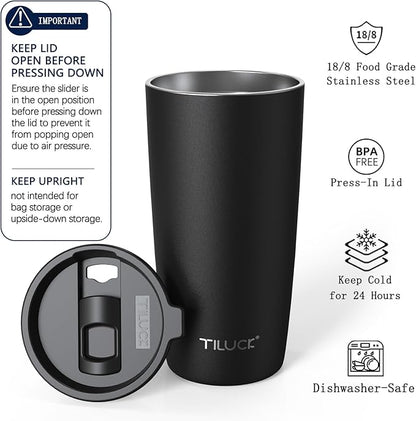 TILUCK 20 oz Insulated Coffee Tumbler with BPA-Free Lid | Travel Coffee Mug, Dishwasher Safe, Cup Holder Friendly, Double-Wall Vacuum Insulation for Hot & Cold Drinks, Matte Black