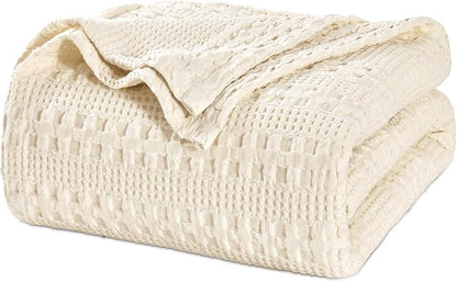 PHF 100% Cotton Waffle Weave Blanket Twin Size, Soft Lightweight Breathable Cozy Summer Blankets for Bed, Luxury Aesthetic Woven Bedding for Home Decor, 66"x90", Undyed