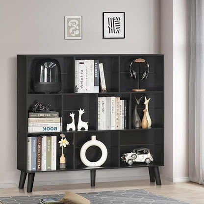 YAHARBO 10 Cube Bookshelf,3 Tier Bookcase with Legs,Black Mid-Century Modern Bookshelves,Large Free Standing Open Storage Organizer Shelf,Tall Wooden Book Case Furniture for Bedroom,Living Room,Office