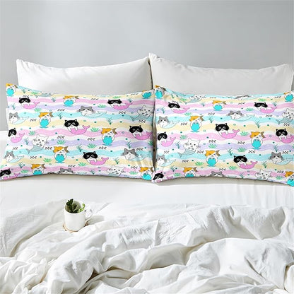 Girls Cat Bedding Set Queen Size - 3Pcs Cute Cartoon Mermaid Tail Cat Patterns Comforter Set for Girls Boys Kids Bedroom Cat Bedding Room Decor for All Season, 1 Comforter 2 Pillow Cases