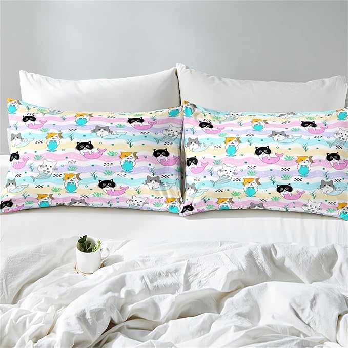 Cartoon Cat Comforter Set for Girls - Full Size Girls Cat Bedding Set for Bedroom Ultra Soft Warm Cute Mermaid Tail Cat Patterns Comforter Set for All-Season, 1 Comforter with 2 Pillowcases