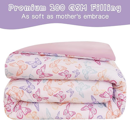 Butterfly Kids Comforter Set for Girls Full Size, Cute Reversible Quilted Lavender Printed Bedding Set with Pillow Sham, Lightweight Soft Breathable Machine Washable Bed Set 3 Piece
