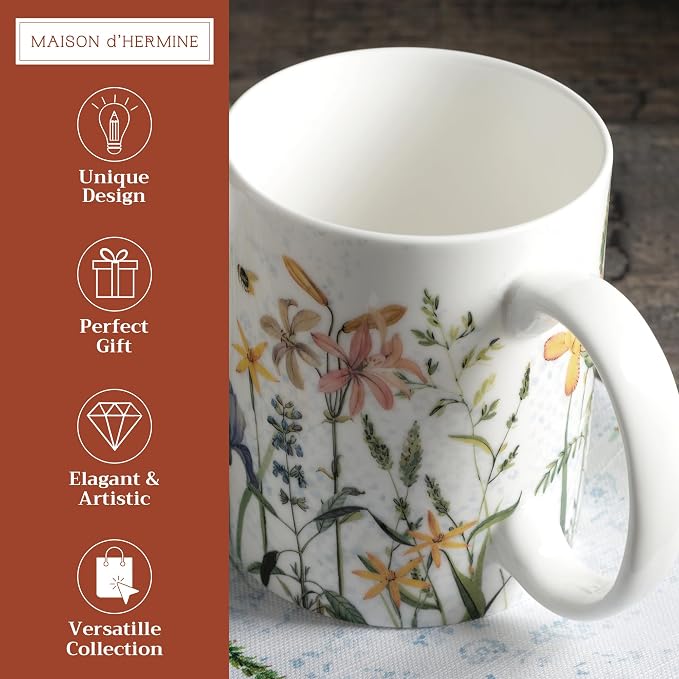 Maison d' Hermine Coffee Mug with Handles Tea Cups (12 Ounce, Pack of 1) | Fine Bone China Coffee Mugs for Hot Beverages Cappuccino Latte Home Restaurant Hotel Spring Summer -Fleurs De Mai - Floral