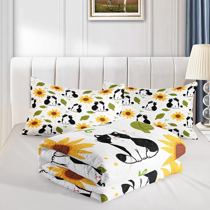 Kawaii Cat Comforter Full Size,Sunflower Cat Comforter Set for Kids Teens Girls Boys,3Pcs Bedding Set Printed Comforter with 2 Pillowcases,Down Alternative,Soft and Lightweight，Full Size
