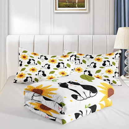 Kawaii Cat Comforter Queen Size,Sunflower Cat Comforter Set for Kids Teens Girls Boys,3Pcs Bedding Set Printed Comforter with 2 Pillowcases,Down Alternative,Soft and Lightweight，Queen Size