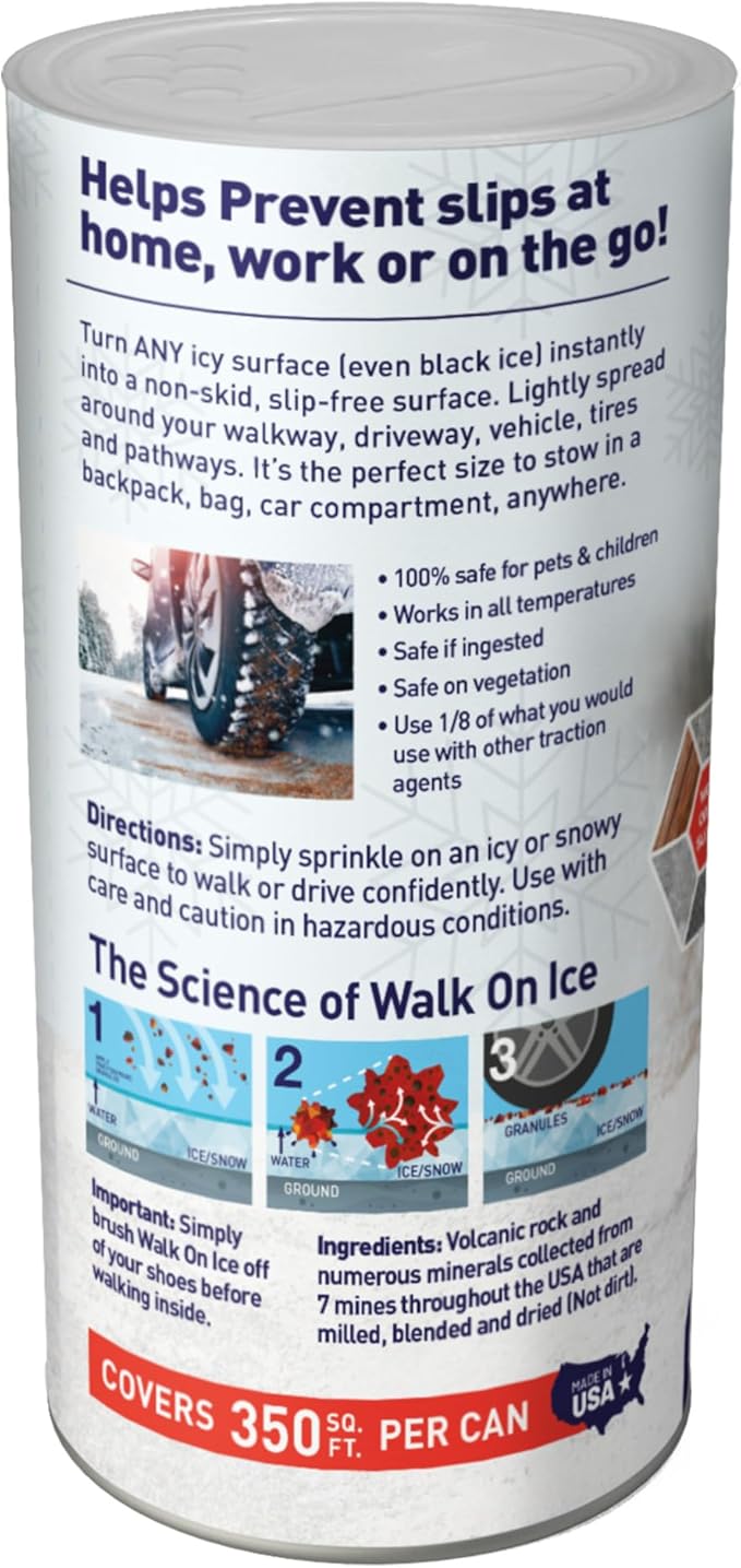 Walk on Ice - Instant Grip for Snow & Ice, Prevent Slips & Falls, Safe for Kids, Pets, & Cars, Unique Mineral Blend, 100% Salt & Chemical Free, 1.75 lb CAN for Walkways & Sidewalks