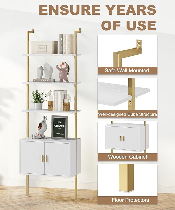Gadroad Ladder Bookshef with Cabinet, Wall Mounted Bookcases, 5 Tier Tall Open Display Rack, 73" Metal Industrial Bookshelf, Storage Shelves for Livingroom, Home Office, Gold