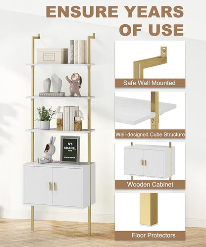 Gadroad Ladder Bookshef with Cabinet, Wall Mounted Bookcases, 5 Tier Tall Open Display Rack, 73" Metal Industrial Bookshelf, Storage Shelves for Livingroom, Home Office, Gold
