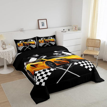 Yellow Race Car Comforter Set Queen Size, Black and White Grid Quilt Set Extreme Sport Games Bedding Comforters 3pcs for Kids Teens Boys Room Decor,Soft Modern Duvet Set with 2 Pillowcases