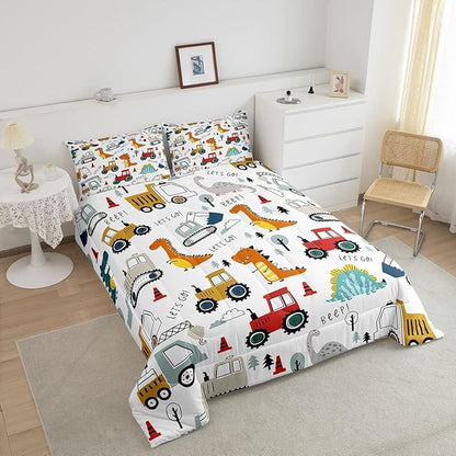 Feelyou Construction Comforter Set Kids Cartoon Dinosaur Comforter Cover Set for Boys Equipment Trucks Bedding Set Construction Vehicles Kawaii Jungle Dino Duvet Set Room Decor Quilt Set Queen Size