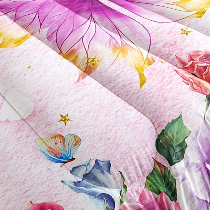 Butterfly Comforter Set for Girls Kids Adults Butterfly Rose Bedding Set Aesthetics Butterflies Quilt Duvet Set Queen Size with 1 Comforter and 2 Pillowcases