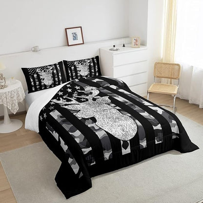 American Flag Bedding Set Deer Camo Comforter Set Twin For Kids Boys Teen Man,Western Rustic Black Grey Military Camouflage Bedding Comforters Hunting Deer Antlers Quilt Duvet For All Season 2 Pcs