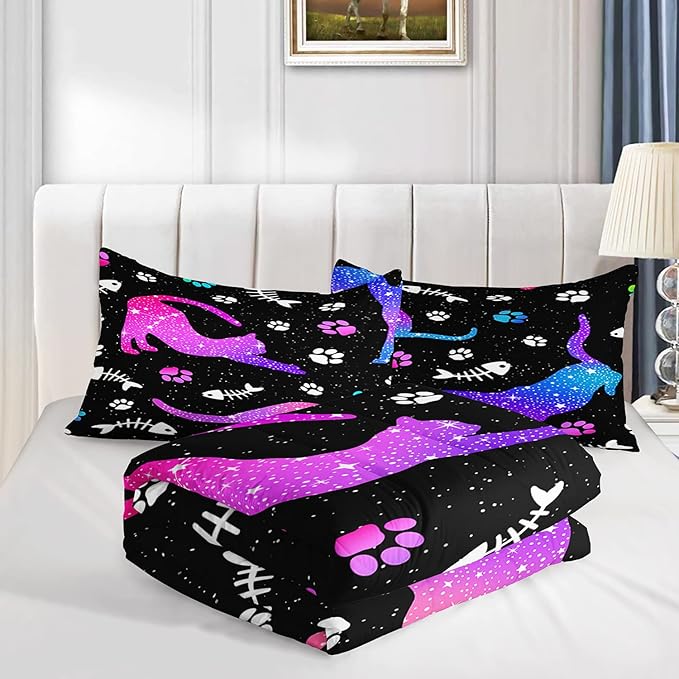 Cute Cat Comforter Kids Bedding Set Full,3Pcs Soft Paw Fish Bone Print Quilt Set Bed in A Bag with 1 Comforter 2 Pillowcases for Kids Boys Girls Teens Adults Room Decor All Season Gradient Purple Blue
