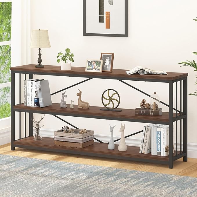 IBF Walnut Low Wide Bookcase, Vintage 63 Inch Long 3 Tier Open Book Shelf, Farmhouse Big Wood Metal sturdy Bookshelf Display Case, Simple Large Etagere Bookshelves for Home Living Room Office Bedroom