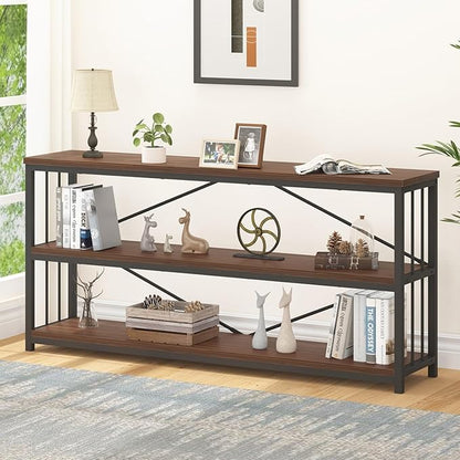 IBF Walnut Low Wide Bookcase, Vintage 63 Inch Long 3 Tier Open Book Shelf, Farmhouse Big Wood Metal sturdy Bookshelf Display Case, Simple Large Etagere Bookshelves for Home Living Room Office Bedroom