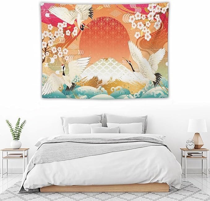 HZOHNAGO Japanese Tapestry Cherry Blossom Crane Sea Wave Fuji Mountain Red Sun Pattern Printed Wall Tapestry Painting Wall Hanging for Bedroom Living Room Dorm 40" W x 30" H