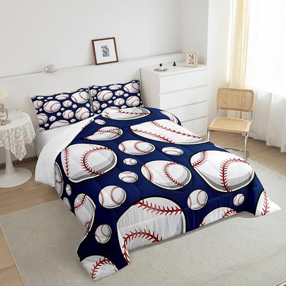 Baseball Bedding Set Sports Theme Comforter Set for Kids Boys Girls Teens 3D Blue Ball Pattern Comforter Breathable Baseball Games Duvet Set Room Decor Quilt Set King Size