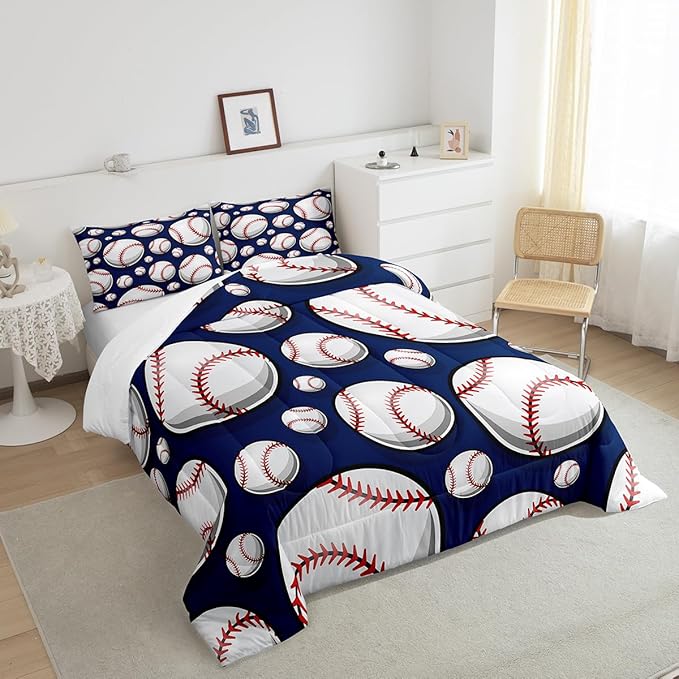 Baseball Bedding Set Sports Theme Comforter Set for Kids Boys Girls Teens 3D Blue Ball Pattern Comforter Breathable Baseball Games Duvet Set Room Decor Quilt Set Queen Size